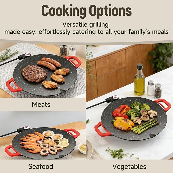 Non-Stick Electric Indoor Grill Pan, Large Round Electric Griddle & Smokeless Korean BBQ Grill Indoor - fast heating, portable, for burgers, pancakes & stovetop use (Extra Large)