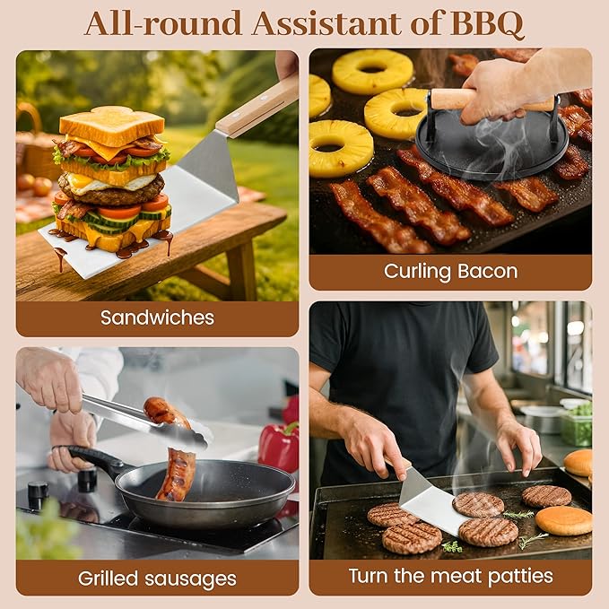 Smash Hamburger Press Kit,Around Burger Press,Hamburger Spatula and Stainless Steel Tongs with Wooden Handle,Heavy-Duty Cast Iron Grill Press for Bacon, Hamburgers, Eggs, Sandwiches,Steak