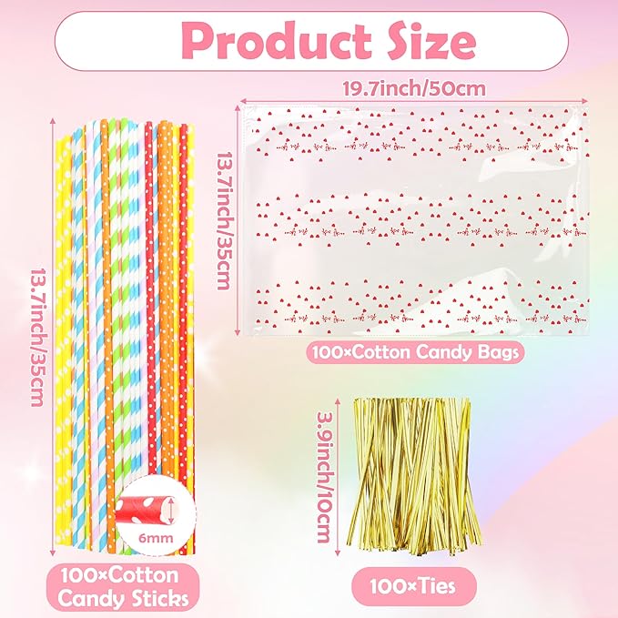 Coitak 100 PCS Cotton Candy Sticks, 100 PCS Cotton Candy Bags with Ties, 13.77 Inch Cotton Candy Sticks Random Colorful Cotton Candy Supplies Paper Straws for Candy Making