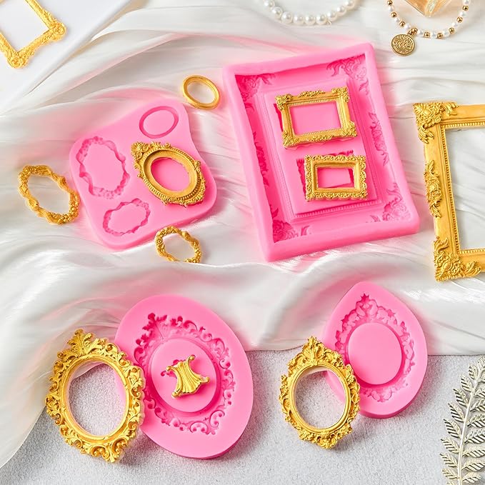 Puyeipt 4 Pcs Photo Frame Silicone Molds, Baroque Style Picture Photo Frames and Mirrors Fondant Molds for Cupcake Topper, Chocolate, Candy, Donut Cake Puck Decoration and Clay Craft Making