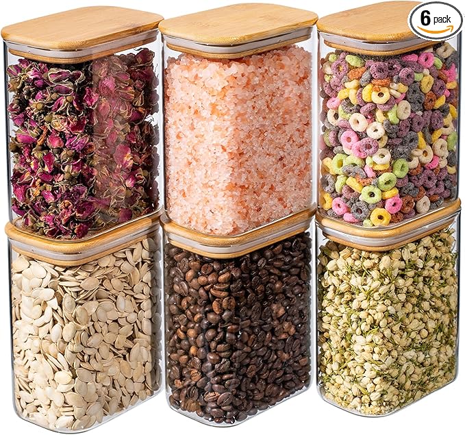 37oz 6PCS Rectangle Glass Pantry Containers with Lids, Glass Jars with Lids, Clear Food Storage Jars, Small Canister for Salt, Pepper, Spices, Nuts, Loose Tea, Coffee, Sugar, Candy