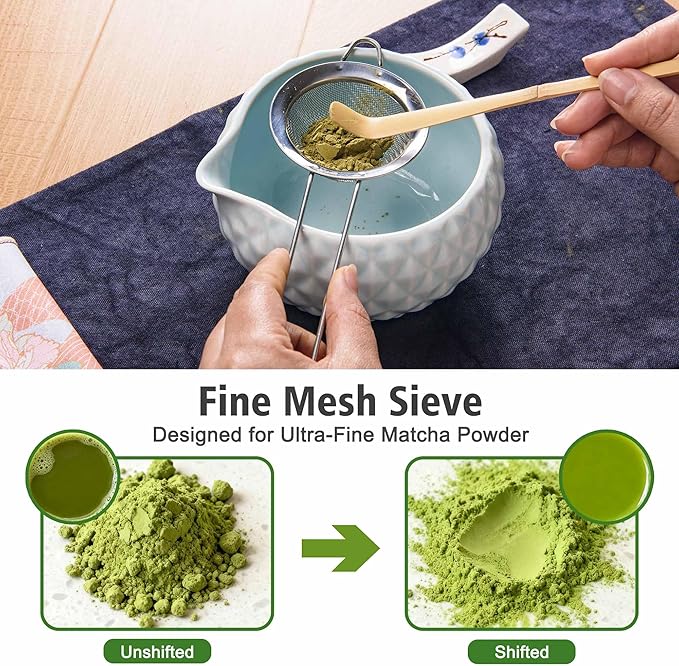 Matcha Whisk Bowl Set, 7PCS All-in-One Japanese Tea Set Includes Matcha Bowl with Spout, Bamboo Whisk (Chasen) with Stand, Scoop, Sifter, Complete Kit for Ceremony, Gift for Matcha Tea Lovers(Blue)