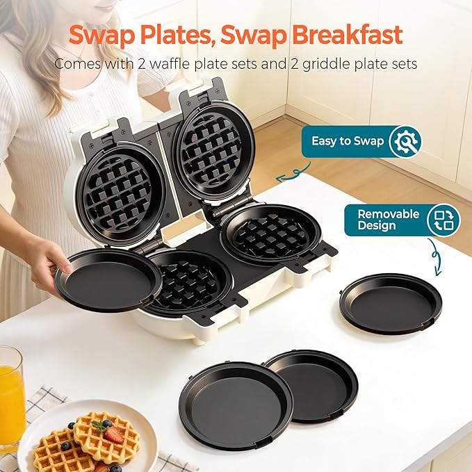 2-in-1 Double Waffle & Pancake Maker - CACHOO Mini 4" Nonstick Waffle Iron & Small Round Griddle with 4 Removable Plate Sets, Dishwasher Safe, Perfect for Small Spaces, Apartments & Dorms, Cream