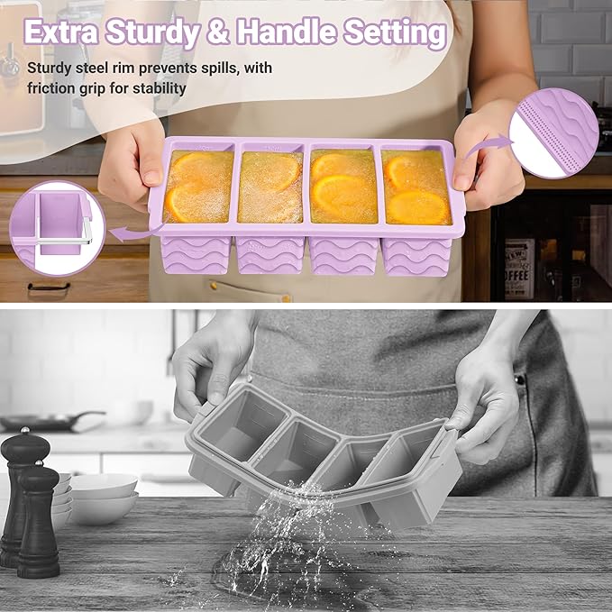 Doasuwish Silicone Freezer Tray for Soup with Lid – 1-Cup Soup Container Cube Style Ice Cube Trays for Freezer, Meal Prep & Food Storage, Freeze 250mL/125mL Portions – 2 Pack
