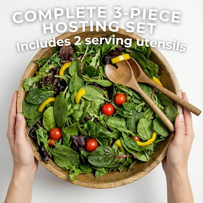 Extra Large Wooden Salad Bowl 15" with Serving Utensils - Large Wood Fruit Bowl - Oversized Mango Wood Salad Bowl for Big Family Meals , Bowl for Salad, Pasta, Popcorn - Handcrafted Wooden Salad Set