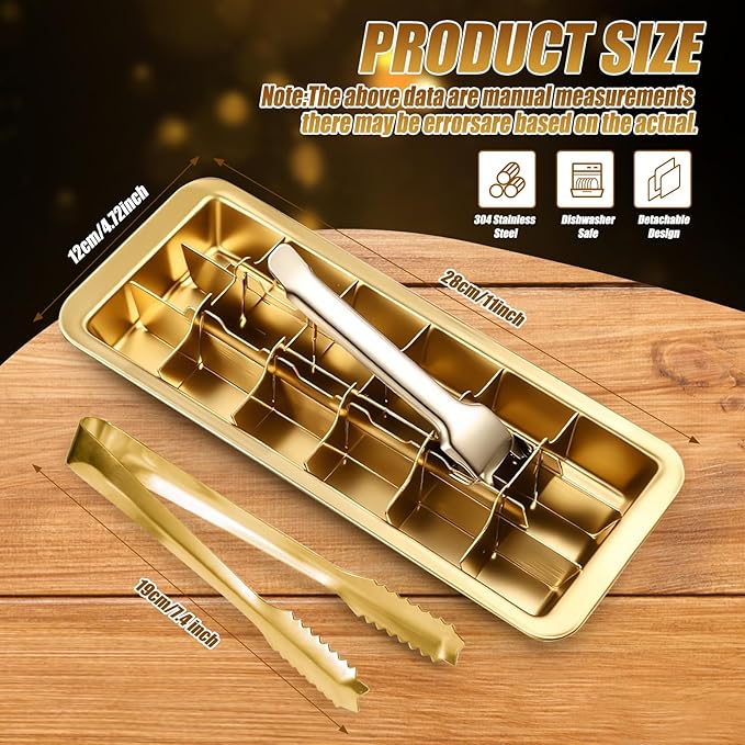 Professional Ice Cube Tray Gold-color, 18-Slot Stainless Steel, Heavy Duty Metal Freezer Mold with Lever Release, Bar & Kitchen Use, Send Goods from Local Warehouse