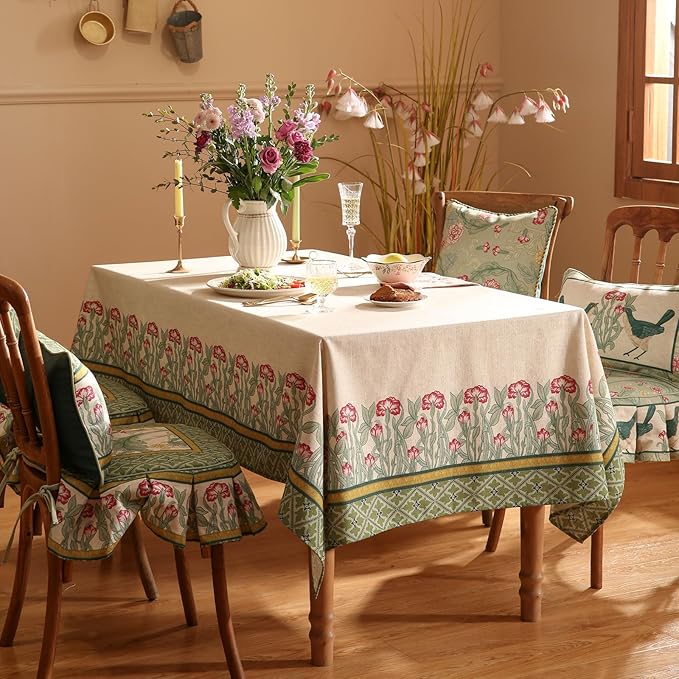 patdrea Designer Green Extra Long Tablecloth for Rectangle Table,Vintage Linen Leaves Pattern Table Cloth,Colorful Floral Cover Decor for Kitchen Dining Christmas Thanksgiving,67"x118"-Cecilia D