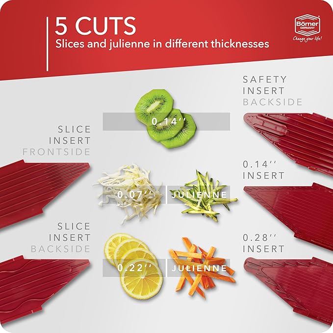 Mandoline Food Slicer Börner V1 (Starter Set) by Reston Lloyd • V-Slicer with 3 Blade Inserts & Food Holder • Made in Germany • Fruit & Vegetable Chopper • Multiple Settings • Color: Red