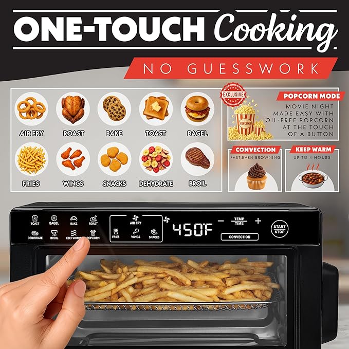 Gourmia Toaster Oven Digital Air Fryer - Convection Mode with 4 Slice Capacity, 3 Rack Positions, 12 Presets, Toast, Bagel, Bake, Roast, Broil, Dehydrate, Popcorn, Fits 9" Pizza, Black