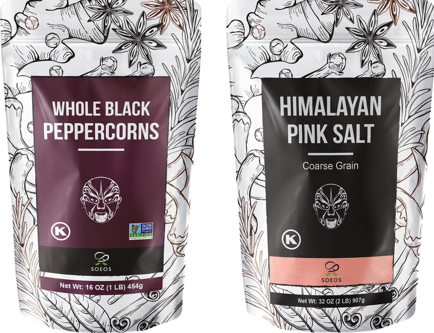 Soeos Whole Black Peppercorns 12oz + Himalayan Pink Salt 2lb, Salt and Pepper for Grinders, Black Peppercorn Refil, Pink Himalayan Sea Salt, 2 Piece Set