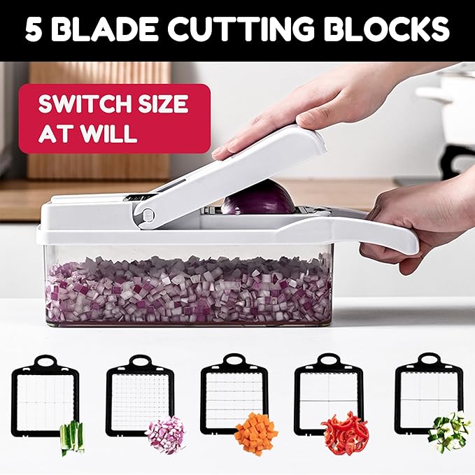 Vegetable Chopper,25 in 1 Multifunctional Food Chopper with Container,Kitchen Vegetable Slicer Dicer Cutter,Veggie Chopper Fruit Salad Potato,13 Blade Stainles Steel Blades（White）