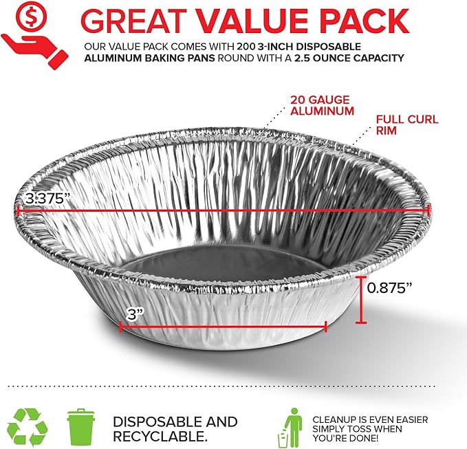 Stock Your Home 3 Inch Aluminum Foil Pie Pans (200 Count) Disposable & Recyclable Mini Pie Pans, Small Pie Tin for Baking, Cafes, and Restaurants, Durable Individual Pie Pan for Fruit Tarts, Quiche
