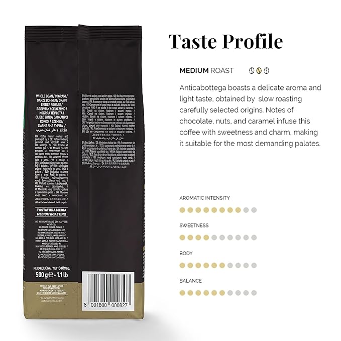 Caffe Vergnano Antica Bottega Whole Bean Coffee 1.1 lb Bag - Medium Roast Arabica Espresso Beans, Italian Coffee Chocolate Caramel Nut Notes - For Coffee Maker, French Press Espresso Maker, Moka Pot