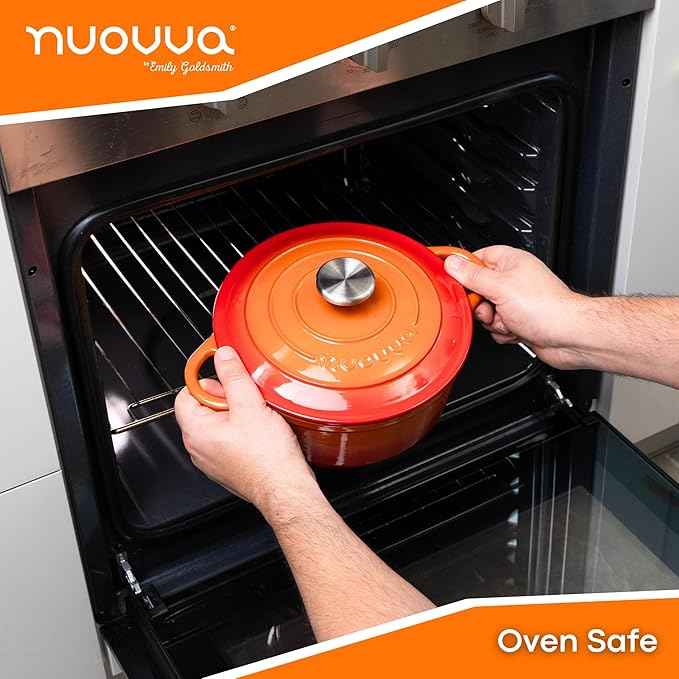 Cast Iron Dutch Oven with Lid – Non-Stick Ovenproof Enamelled Casserole Pot – Sturdy Dutch Oven Cookware – Orange, 3.1-Quart, 22cm – by Nuovva