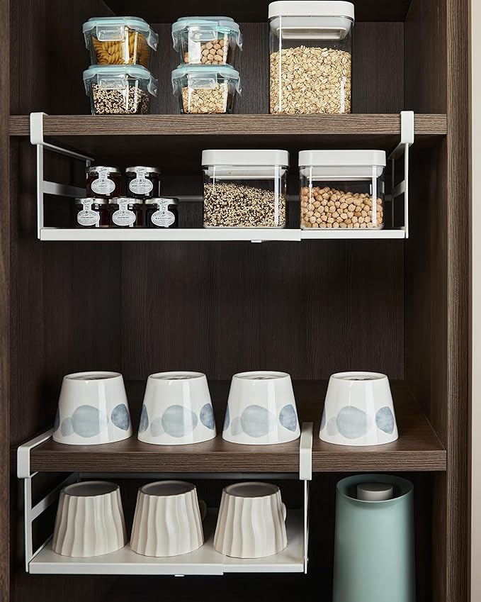 2Pack Under Shelf Storage Basket Organizer Expandable Width Add-On Space Saver Hanging Under Cabinet Pantry Kitchen Countertop Desktop Cupboard Board Slide-In White Heavy-Duty Metal Wider Size