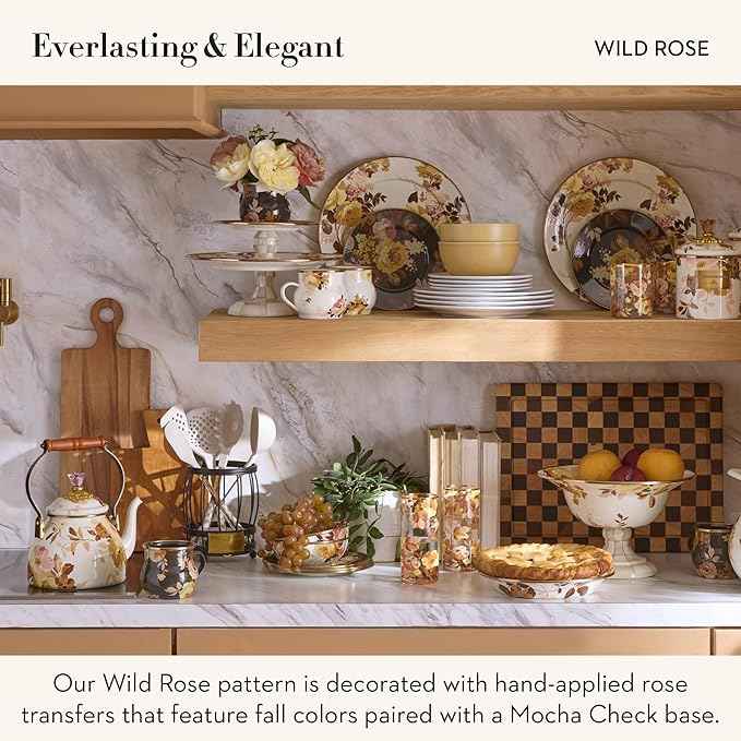 MACKENZIE-CHILDS Enamel Compote, Pedestal Serving Dish or Decorative Bowl, Large, Wild Rose White