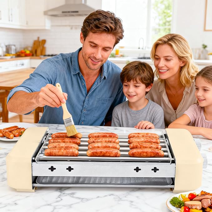 Electric Hot Dog Roller Machine,3 in 1 Indoor Grill with 360° Rotating Tray (9 Sausages) & Removable Grills Net & Nonstick Plate,Hot Dog Roller Grill Sausage Grills for Family BBQ Party
