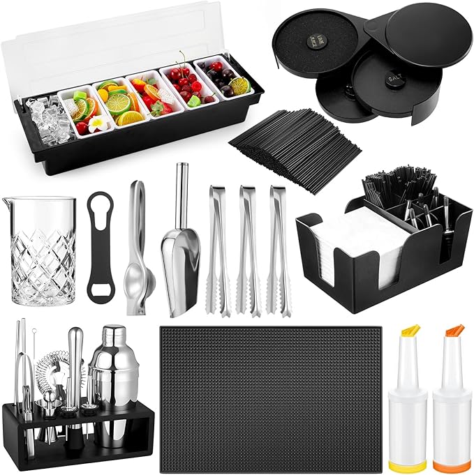 Mifoci 28 Pcs Bartender Kit, Mixologist Bartender Kit Garnish Tray with Lid Bar Caddy and 3 Tier Glass Rimmer, 17 Pcs Margarita Cocktail Shaker Set with Wooden Base for Home Bar Gift Set(PVA Plastic)