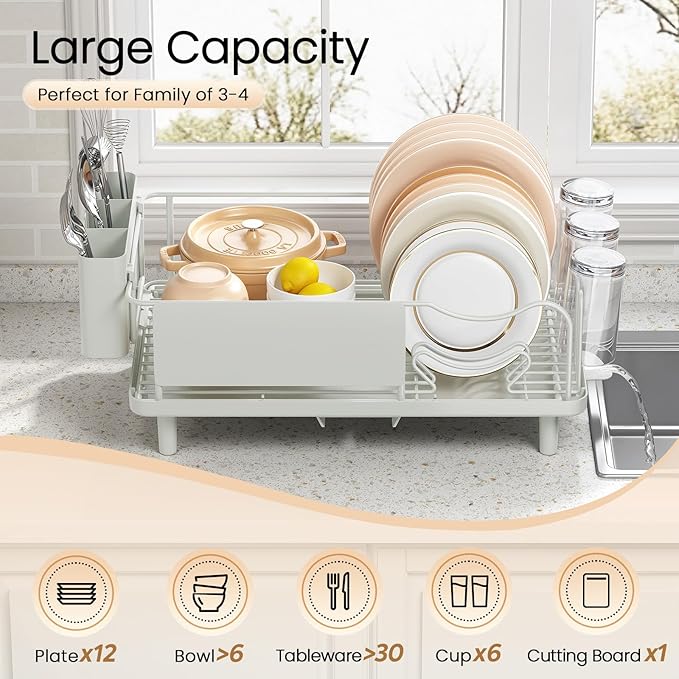 Dish Drying Rack Large Capacity - Stainless Steel Dish Rack for Kitchen Counter with Drain Board, Rustproof Dish Drainer with Auto Drain Spout, Utensil Holder & Glass Holder, Dinnerware Organizer