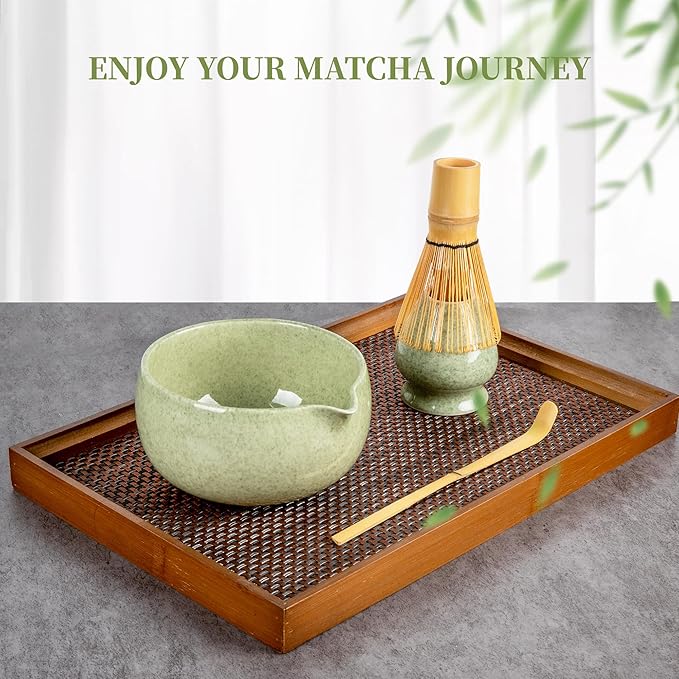 YIBO Matcha Whisk Set With Bowl, Ceramic Matcha Making Kit Includes Bamboo Whisk (Chasen), Holder Stand, Powder Starter Sifter, Scoop, Measuring Spoon & Cup Tea Tools For Ceremony (Mottled Green)