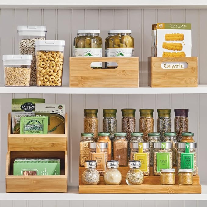 mDesign Bamboo Storage Bin Container, Drawer Organizer Crate Boxes with Handles for Kitchen Pantry Cabinet, Shelves, or Counter, Holds Snacks, Spices, Drinks, Echo Collection, Natural/Tan