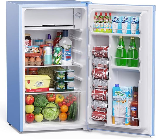 Upstreman 3.2 Cu.Ft Mini Fridge with Freezer, Single Door Mini Fridge, Dorm Fridge, Adjustable Thermostat, Mini Refrigerator for Bedroom, Office, Dorm, Blue-BR321