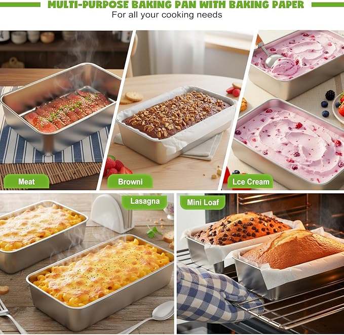 2 Packs 8.8×5.9 Inch Loaf Pans for Baking Bread, 304 Stainless Steel Loaf Bread Pan with Parchment Paper Liners, Metal Bakeware for Bread, Meatloaf, Cake Brownies, Easy Release, Oven & Dishwasher Safe