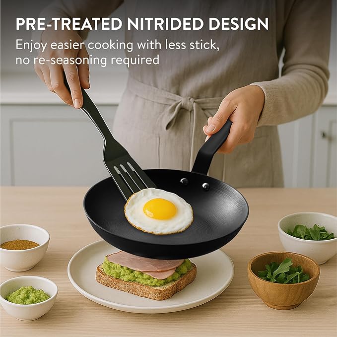 Navaris Nitrided Cast Iron Skillet - 10"(25cm) Lightweight & Smooth Frying Pan - Dishwasher Safe - No Re-Season Needed, for Oven, Stovetop, Grill & Campfire, Induction Ready