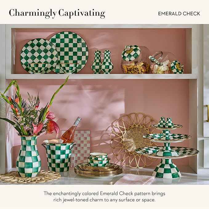 MACKENZIE-CHILDS Enamel Salt and Pepper Shakers, Kitchen Table Spice Shaker Set, Green-and-White Emerald Check, Small