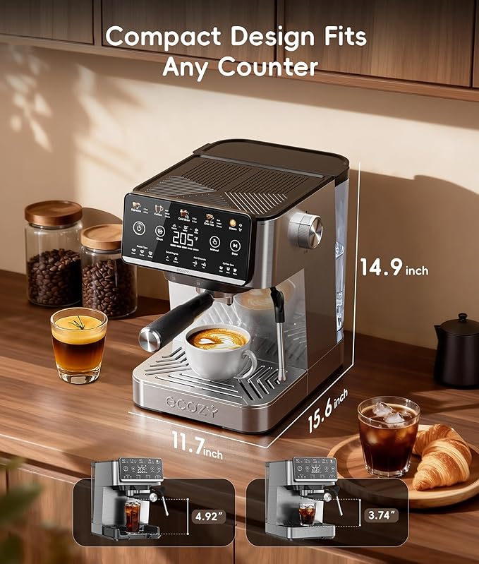 ecozy 4-in-1 Espresso Machine and Coffee Maker Combo with Milk Frother, Cold Brew & Over Ice, Interactive Touch Screen, Stainless Steel, Brezzano Elite Series for Cappuccinos, Lattes, Americanos