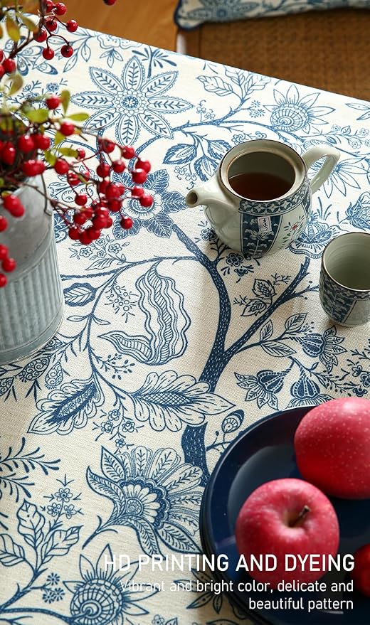 ISAENNE Designer French Linen Small Rectangular Tablecloth,Blue Floral Washable Indoor Table Cloth,Durable Home Decor Tablecloths for Dining Thanksgiving Kitchen Party Christmas,55"*71"-Ruyi B