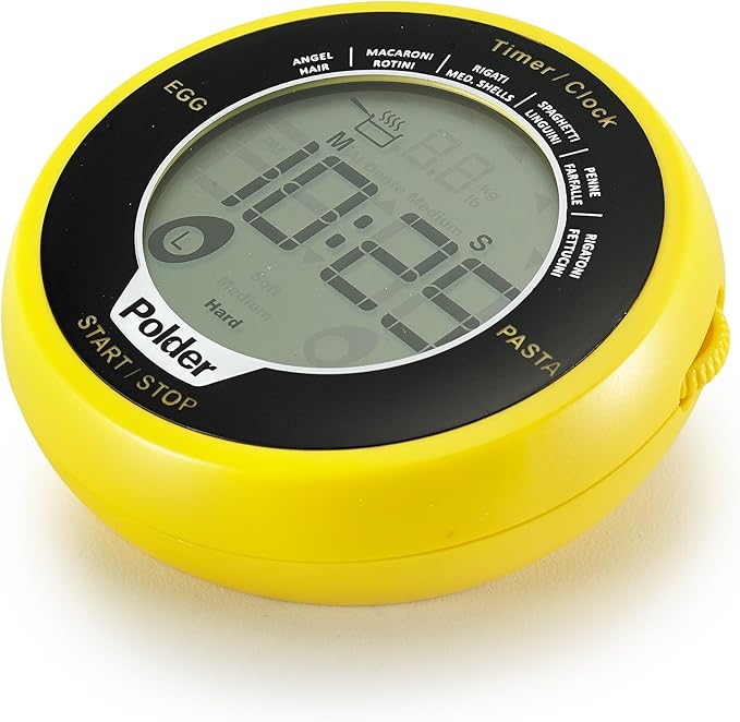 Polder Digital Egg and Pasta Timer with Preset Times and Built-in Clock, Yellow
