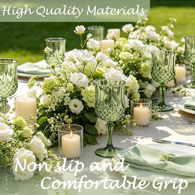 Plastic Wine Glasses, Plastic Goblets Vintage Style Cordial Unbreakable Drinking Glasses, Reusable Drinkware for Wedding Reception, Grand Event Party Supplies (12, New Green)