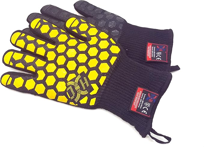 J H Heat Resistant Oven Glove:EN407 Certified 932 °F, 2 Layers Silicone Coating, Oven Mitts for Cooking, Kitchen, Fireplace,Camping, Grilling (Black/Yellow, Regular Cuff)