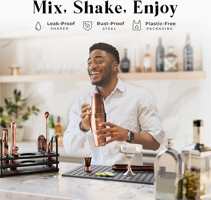 BARE BARREL® Mixology Bartender Kit Bar Set | 14-Piece Cocktail Shaker Set | Martini Barware Mixing Tools for Home Bartending | 35 Recipe Cards | Gift Set (28oz Boston Shaker, Copper/Black)