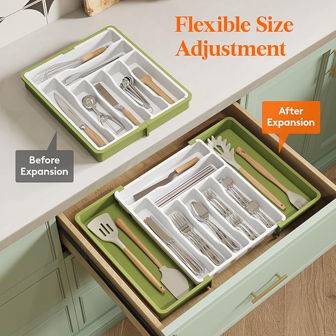 Lifewit Utensil Organizer for Kitchen Drawer, Expandable Cooking Silverware Tray, Adjustable Cutlery Flatware Holder, Plastic Spatula Tools Storage Divider, 13-22.4 x 15", Green&White