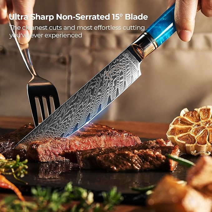 SENKEN Damascus Steak Knife Set - Tsunami Collection - 67-Layer Japanese VG10 Steel - Razor Sharp Non-Serrated Blades, Blue Resin & Natural Wood Pattern Handles, Luxury Gift Box (6 Steak Knife Set)