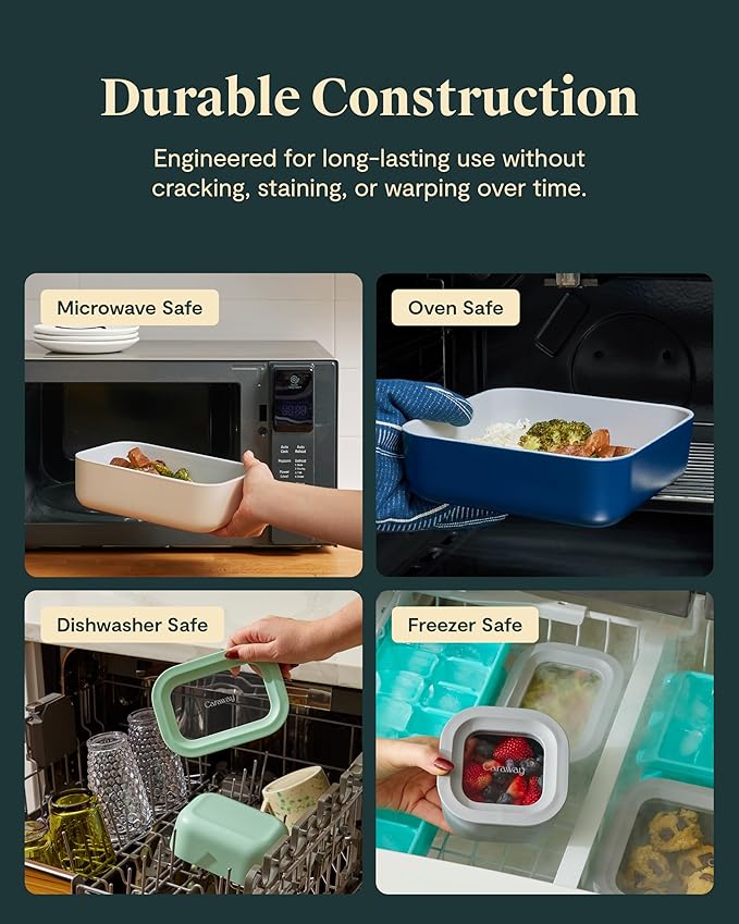 Caraway 2pc Glass Food Storage Set - 6.6 Cup Food Containers (2) - Ceramic Coated - Non Toxic, Non Stick Lunch Box with Lids. Dishwasher, Oven, & Microwave Safe - Gray