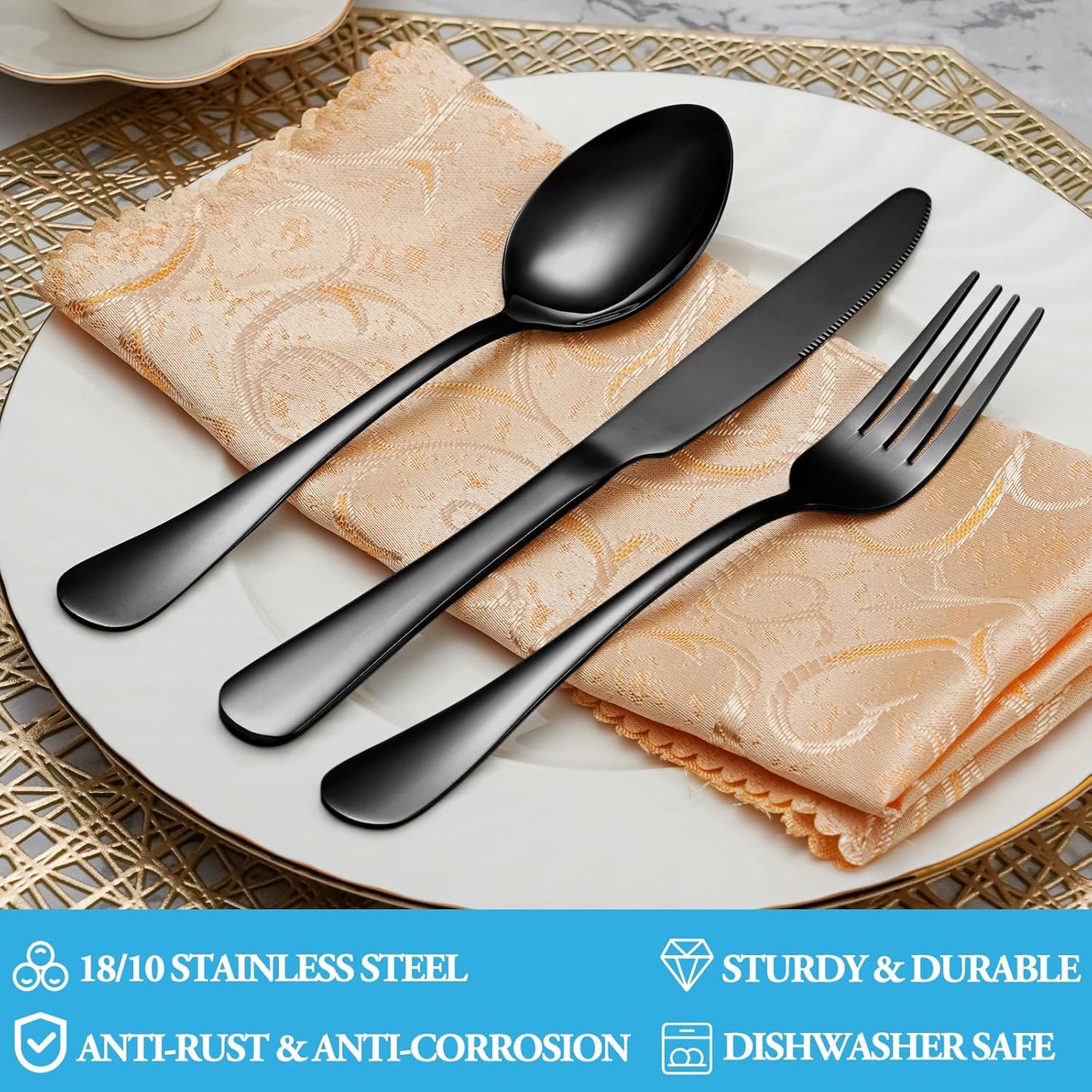 60 Pcs Black Silverware Set, Stainless Steel Serving Sets Service for 12, Mirror Polished Serving Utensils Set, Durable Home Kitchen Eating Tableware Set, Include Fork Knife Spoon Set,Dishwasher Safe