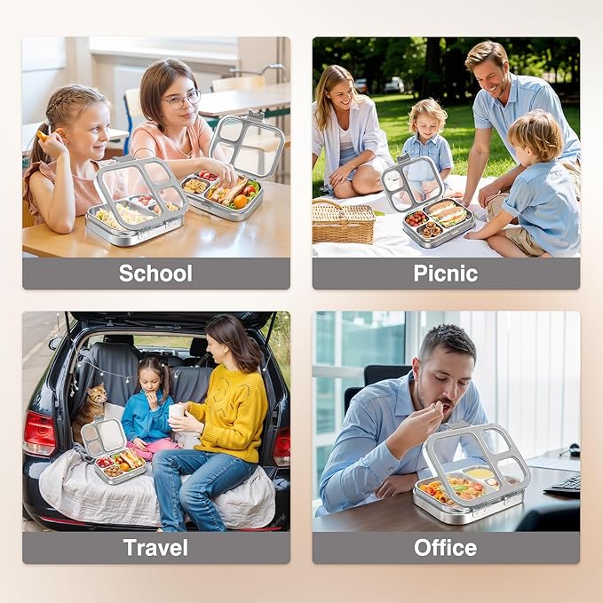 HOMEKOL Stainless Steel Bento Lunch Box, 3-Compartment Leak-Proof Lunch Container for Kids & Adults, BPA/BPS-Free 304 Metal Food Box, Dishwasher Safe, Clear Tritan Lid, Grey (Not Insulated)