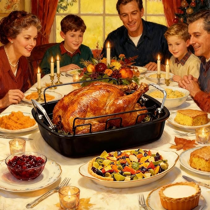 Large Nonstick Roasting Pan Kit with Rack (17x13 Inch) - Includes Baster, Pastry Brush & Twine for Turkey, Chicken, Ham - Even Heating, Easy Clean, Dark Grey