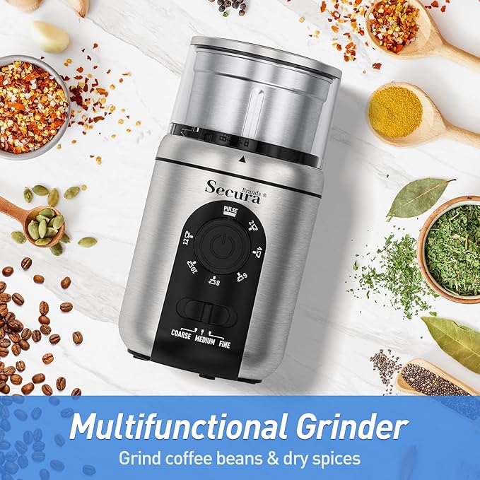 Secura Brands Electric Coffee Grinder for Coffee Beans, Spices, Herbs Adjustable Coarse to Fine Setting for 12 Cup Capacity with 1 Removable Stainless Steel Bowl, Ideal for Home Use, RV