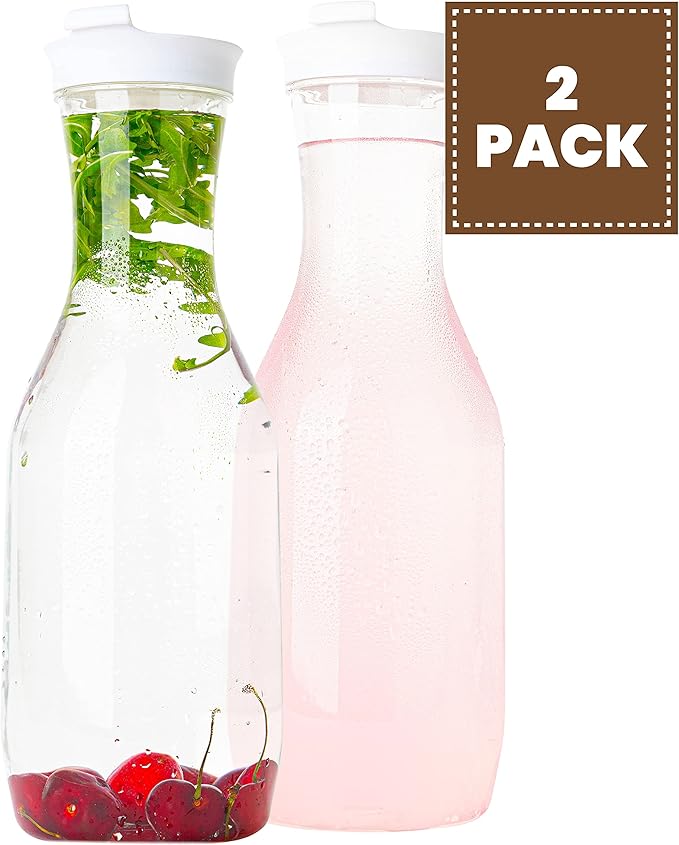 Clear Plastic Water Pitchers Carafes with Flip top White Lids 50 OZ Heavy Duty Beverage Pitcher Jug for Juice or iced Coffee Great for Mimosa bar Restuarants ot Schools Pack of 2