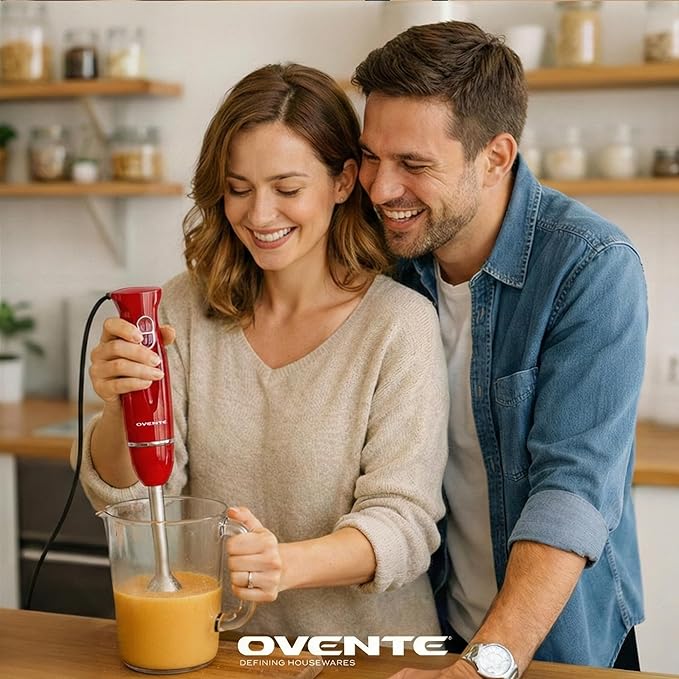 OVENTE Immersion Hand Blender Set, 300W Electric Handheld Stick Mixer, 2 Mixing Speeds with Stainless Steel Blades, Egg Whisk, Beaker & BPA-Free Food Chopper, Red HS565R