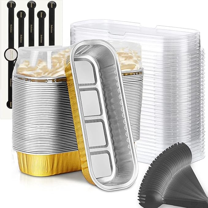 Findful Mini Loaf Baking Pans with Lids and Spoons (50 Pack, 6.8oz) Rectangle Aluminum Foil Baking Pans Tins Containers - Cupcake Containers Wrappers Cheesecake Creme Brulee Ramekins