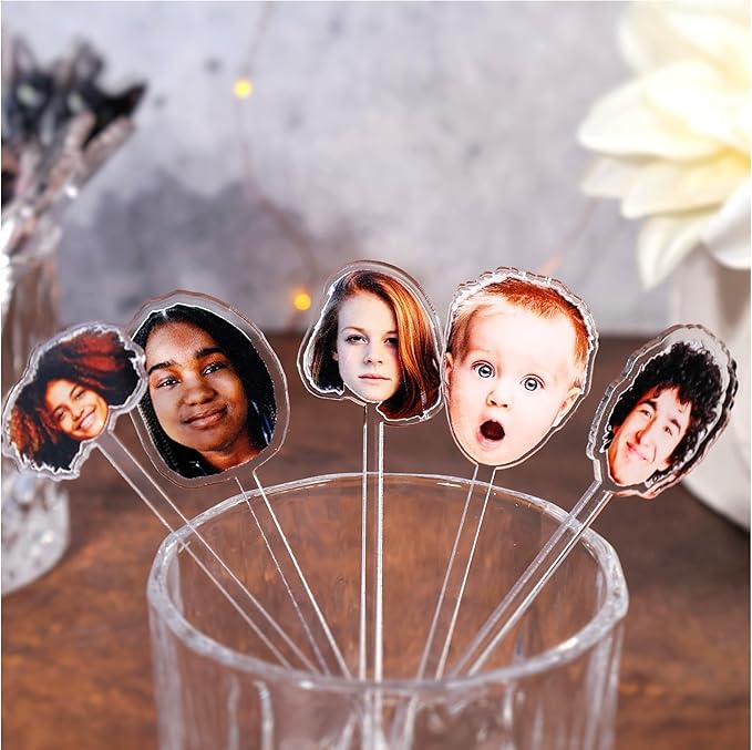 Custom Photo Face Stir Sticks Pack 5-500pcs, Personalized Acrylic Drink Stirrers with Your Photo, Dog, Cat, Logo or Face, Custom Cocktail Swizzle Sticks for Birthday & Graduation Decor