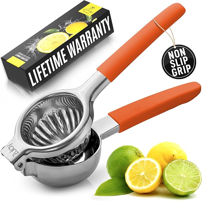 Zulay Kitchen Lemon Squeezer Stainless Steel with Premium Heavy Duty Solid Metal Squeezer Bowl and Food Grade Silicone Handles - Large Manual Citrus Press Juicer and SS Lime Squeezer (Orange)