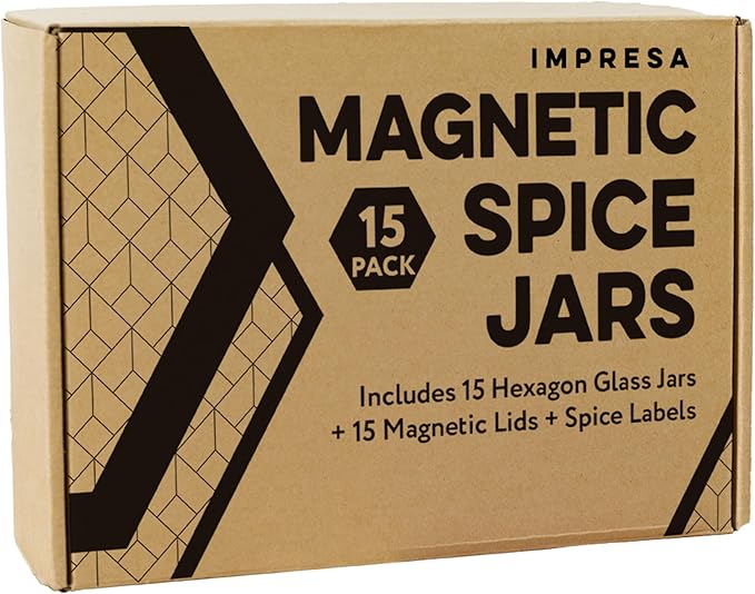 IMPRESA Hexagon Magnetic Spice Jars - Pack of 15-1.74 Oz Strong Magnetic Seasoning Containers - Space-Saving Honeycomb Spice Jars - Airtight Glass Storage Containers with Steel Lids