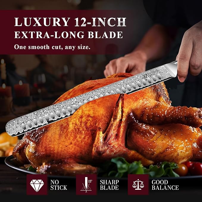 Emojoy Damascus Brisket Slicing Knife, 12" Carving Knife with Japanese Steel, Olive Wood Handle, Luxury Wooden Gift Box, Razor Sharp for Meat & Turkey