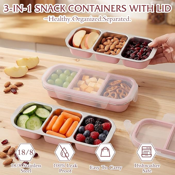 FoldTier 4 Pack Stainless Steel Snack Container for Adults 3-compartment Leak-proof Lunch Box for Work, Travel 10.6 x 4.1 x 2 Inch Stackable Reusable Metal Bento Box(Pink)